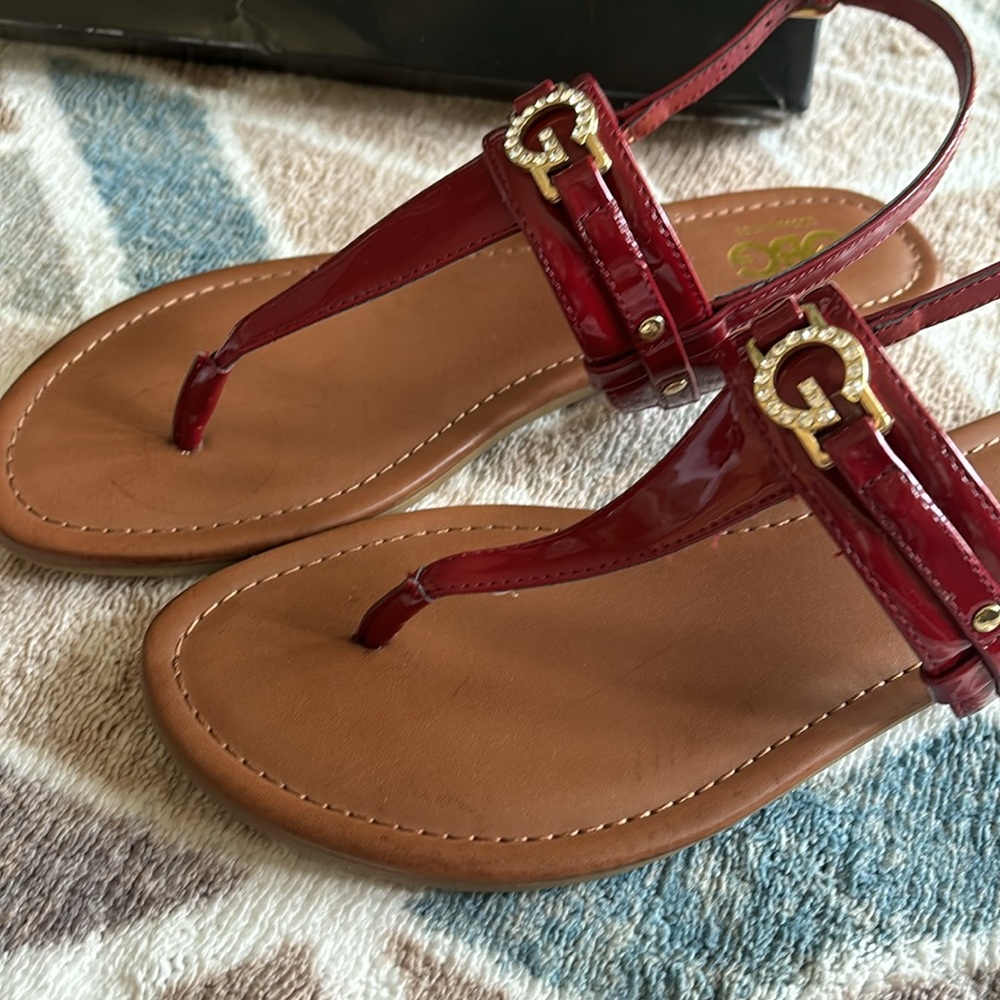 GBG LA Gorg red patent leather thong flat  ankle wrap casual elegance sandals
